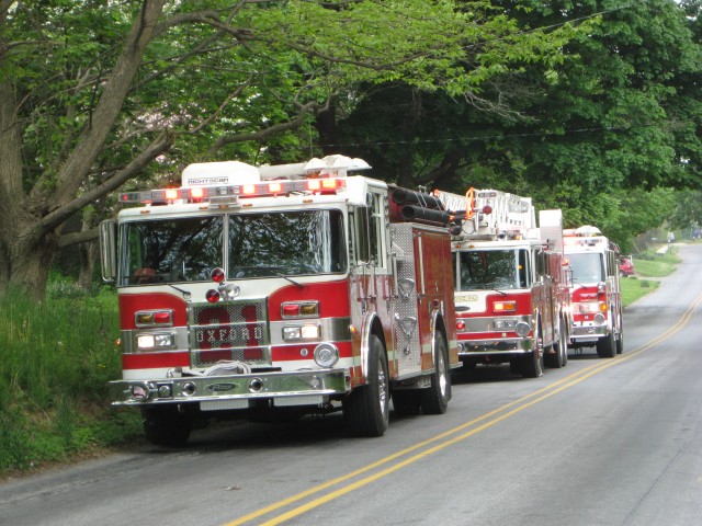 Engine 1, the Truck, and Engine 2 at a fire alarm on Fifth Street.